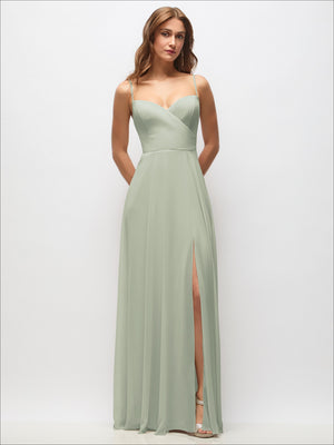 Wrap bodice chiffon maxi dress in mint green, V-neck, side slit, spaghetti straps