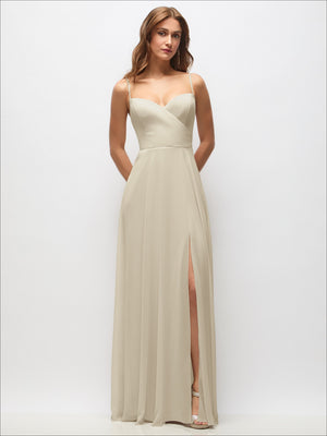 Wrap bodice chiffon maxi dress with adjustable spaghetti straps, ivory cream side slit