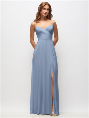 Wrap bodice chiffon maxi dress in light blue, V-neck, side slit, spaghetti straps