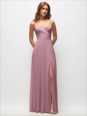 Dusty rose chiffon wrap maxi dress with adjustable spaghetti straps and side slit