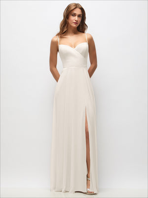Cream wrap chiffon maxi dress with spaghetti straps and V-neck wrap bodice