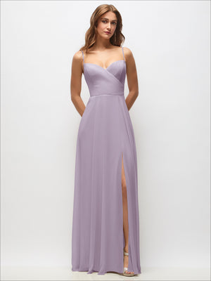 Lavender wrap bodice chiffon maxi dress with adjustable spaghetti straps and side slit