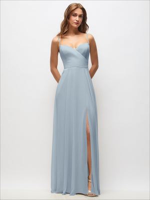 Light blue chiffon maxi wrap dress with thin spaghetti straps and front side slit