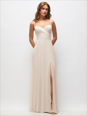 Ivory wrap chiffon maxi dress with spaghetti straps and front slit