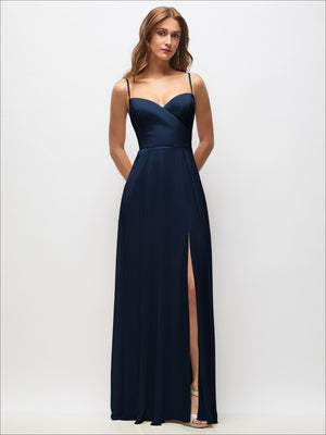 Navy chiffon maxi wrap dress with spaghetti straps and side slit