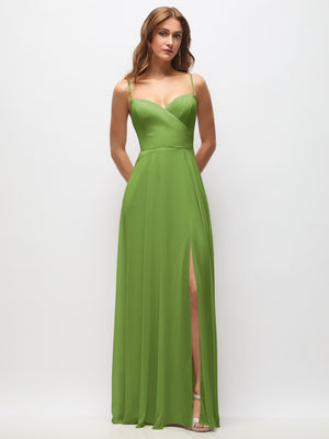 Lime green wrap maxi dress with spaghetti straps and thigh-high side slit