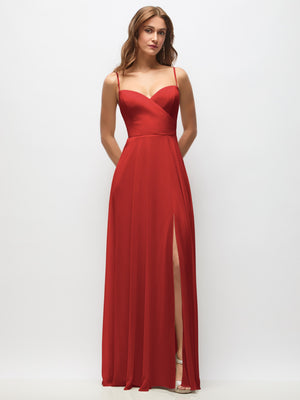 Red chiffon maxi dress with wrap bodice, spaghetti straps, and side slit