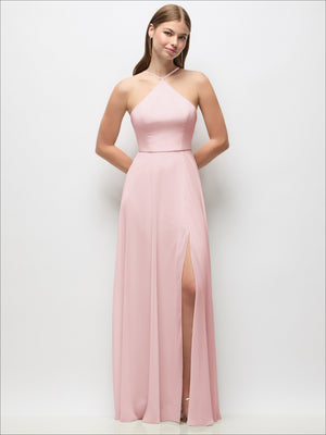Blush pink halter maxi chiffon dress with spaghetti straps and side slit