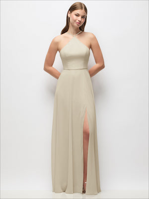 Champagne-beige chiffon maxi dress with halter neckline, adjustable straps, side slit detail