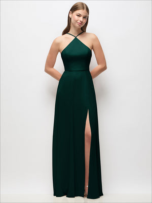 Dark green halter maxi dress with spaghetti straps, side slit and smooth fitted bodice