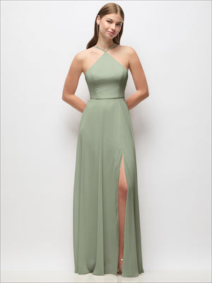 Sage green halter maxi dress with thin adjustable straps and front side slit