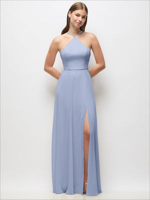 Light blue halter maxi dress with thin adjustable straps and front side slit
