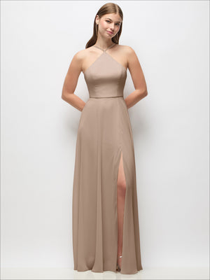 Champagne-beige chiffon maxi dress with halter neckline, adjustable spaghetti straps, side slit