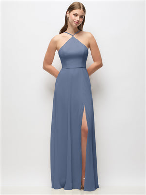 Dusty blue halter maxi dress with adjustable spaghetti straps and flowing chiffon skirt