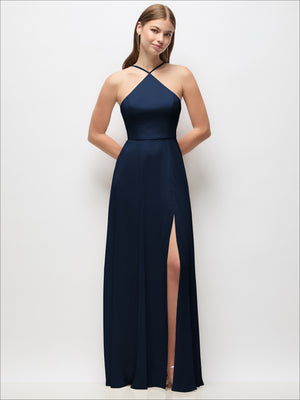 Navy halter chiffon maxi dress with V neckline and thigh-high side slit