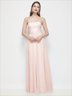 Strapless chiffon maxi dress in pale pink, soft circle skirt with fitted bodice