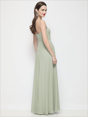 Olive green strapless chiffon maxi dress, side view with draped circle skirt