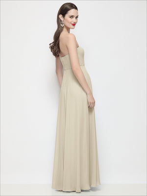 Champagne strapless chiffon maxi dress with fitted bodice and soft circle skirt