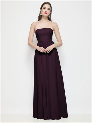 Strapless chiffon maxi dress in deep plum with fitted waist and soft circle skirt