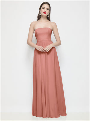 Strapless chiffon maxi dress in dusty rose, soft circle skirt with fitted bodice