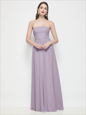 Lavender-pink strapless chiffon maxi dress with fitted bodice and soft circle skirt