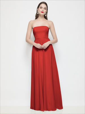 Strapless chiffon maxi dress in red, soft circle skirt with fitted bodice