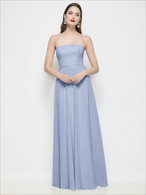 Periwinkle blue strapless chiffon maxi dress with fitted bodice and circle skirt