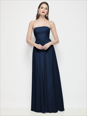 Strapless chiffon maxi dress in navy blue, fitted bodice and full circle skirt.