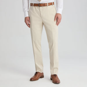 Light tan dress pants with front crease, belt loops, and straight leg