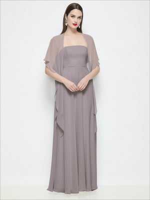 Mauve chiffon flounce cape with flutter sleeves, draped open-front over a gown.
