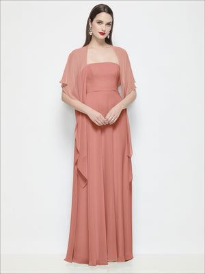 Rosewood chiffon flounce cape over long sleeveless gown with draped waist