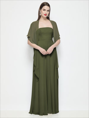 Chiffon flounce cape in olive green, front drape with short flutter sleeves over gown