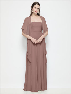 Chiffon flounce cape, dusty rose drape with short flutter sleeves and pleated skirt overlay