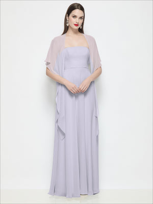 Lavender chiffon flounce cape over long dress, front view with draped shoulders