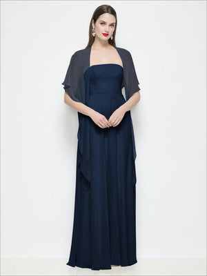 Navy chiffon flounce cape with draped neckline and short flutter sleeves