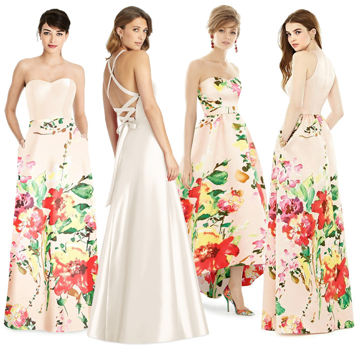 blush garden satin floral bridesmaid dresses