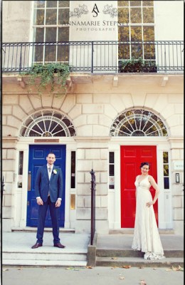 Anne Marie Stepney bride and groom outside town house