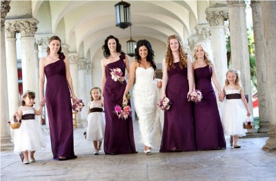 bridesmaids in long burgundy dresses