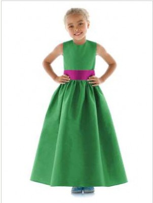 emerald green flowergirl dress with purple sash by Dessy emerald green flowergirl dress