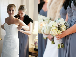 style me pretty bridesmaids in grey dresses with white bouquets
