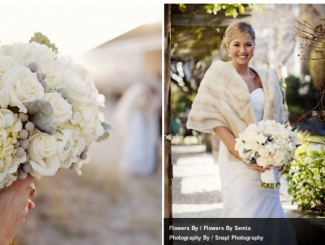Style Me Pretty bride in fur shrug with white wedding bouquet
