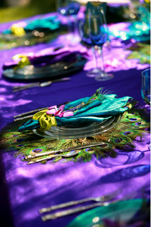 Table setting by An Elegant Touch via Project Wedding Peacock wedding theme table setting