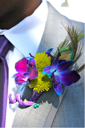 Via Project Wedding Groom buttonhole with peacock wedding theme