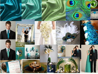 Moodboard via Dessy Peacock wedding theme moodboard