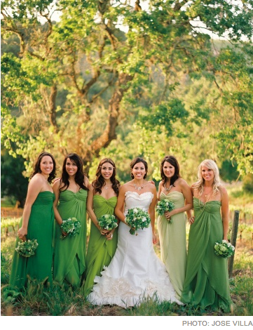 via Martha Stewart weddings green ombre bridesmaid dresses