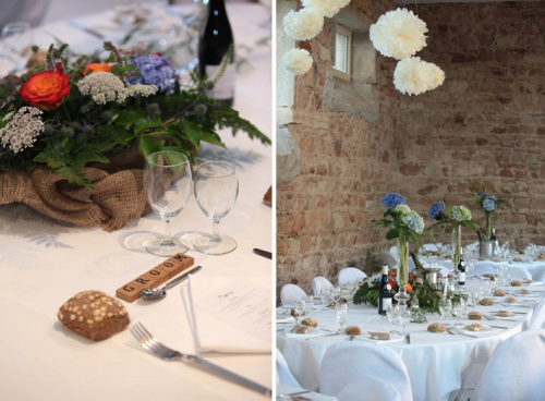 country wedding table with wooden scrabble letters