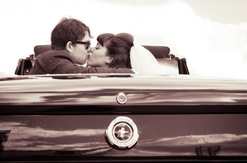 bride and groom in retro photo