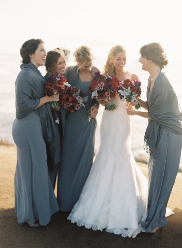 bride with bridesmaids in long dresses