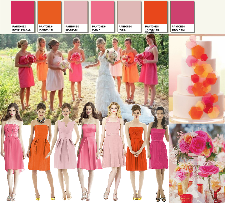 Bright Pink and Orange Bridesmaids dresses from Dessy.com