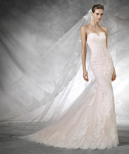 Blush lace pastel wedding dress by Pronovias